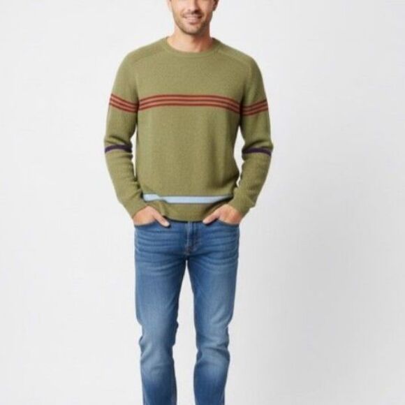 Gene Meyer Olive 100% Cashmere Red Blue Striped Crewneck Sweater Size XL - Picture 1 of 10